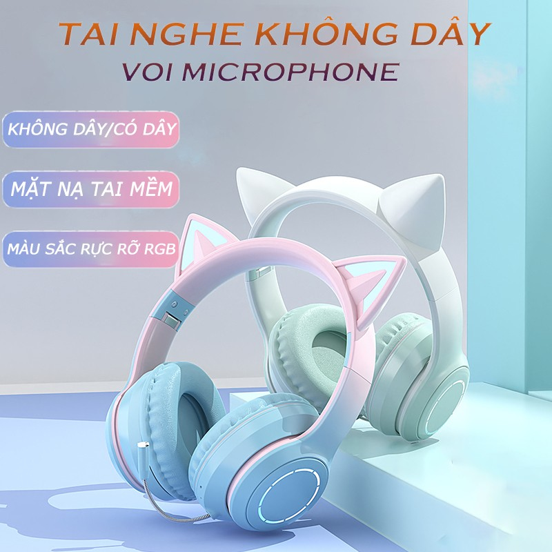 Tai nghe Bluetooth, tai nghe mèo, có micrô, đèn màu RGB, Bluetooth 5.3, thời lượng 15 giờ