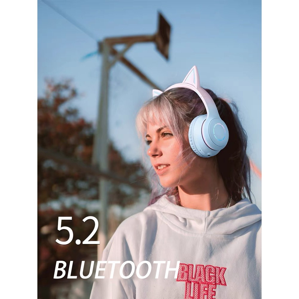 Tai nghe Bluetooth, tai nghe mèo, có micrô, đèn màu RGB, Bluetooth 5.3, thời lượng 15 giờ