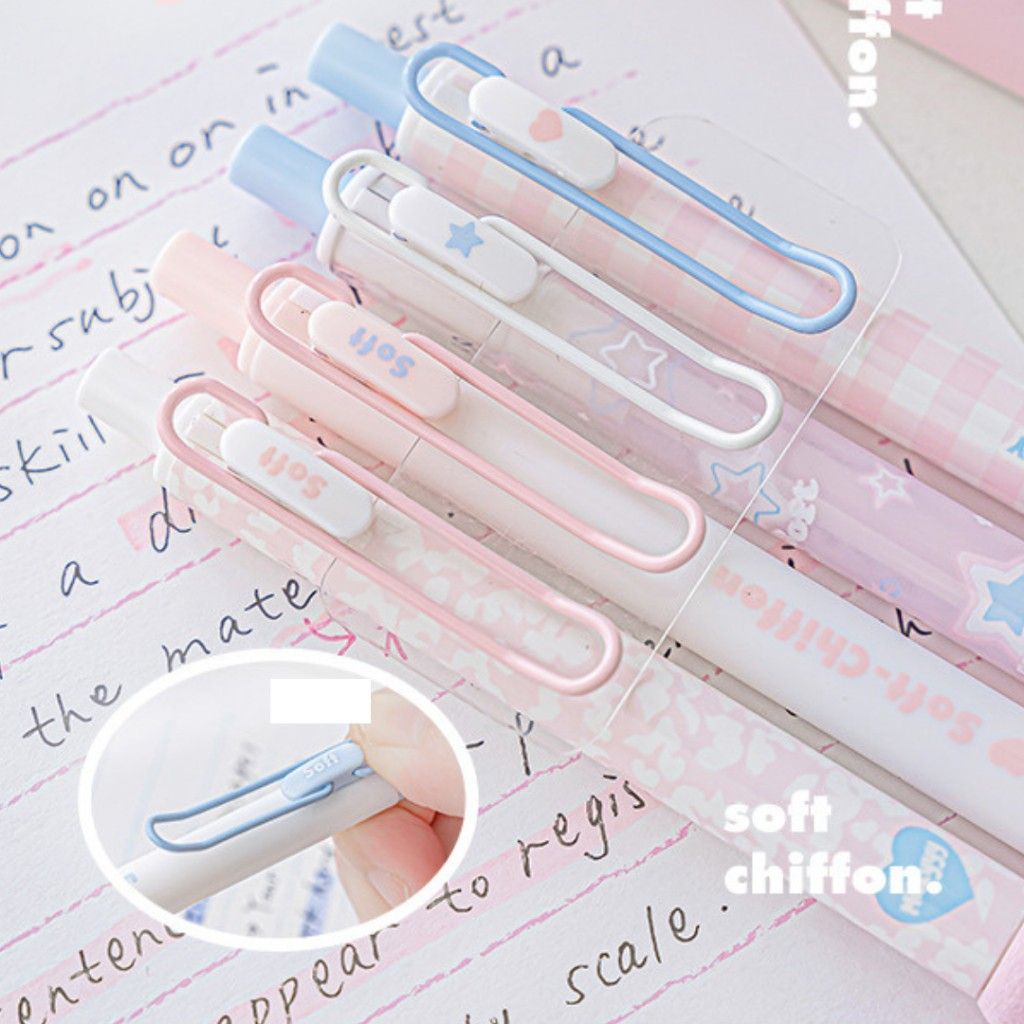 Set 4 Bút Gel Bấm Mực Đen RosyPosy Có Đệm Tay Soft Chiffon Hoạ Tiết Pastel Mới Nhất