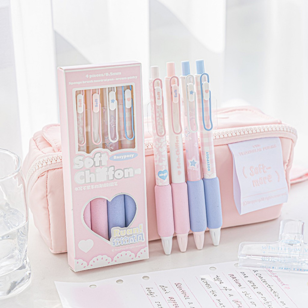 Set 4 Bút Gel Bấm Mực Đen RosyPosy Có Đệm Tay Soft Chiffon Hoạ Tiết Pastel Mới Nhất