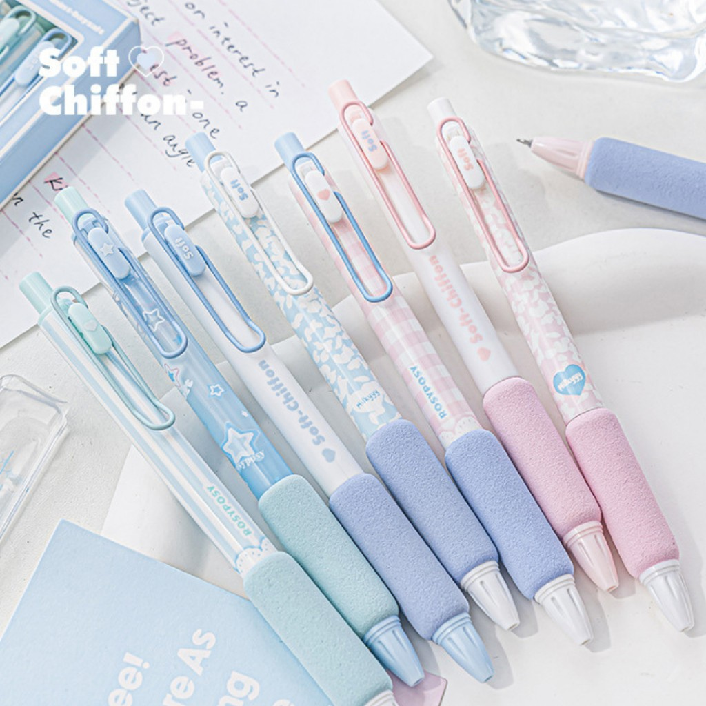 Set 4 Bút Gel Bấm Mực Đen RosyPosy Có Đệm Tay Soft Chiffon Hoạ Tiết Pastel Mới Nhất