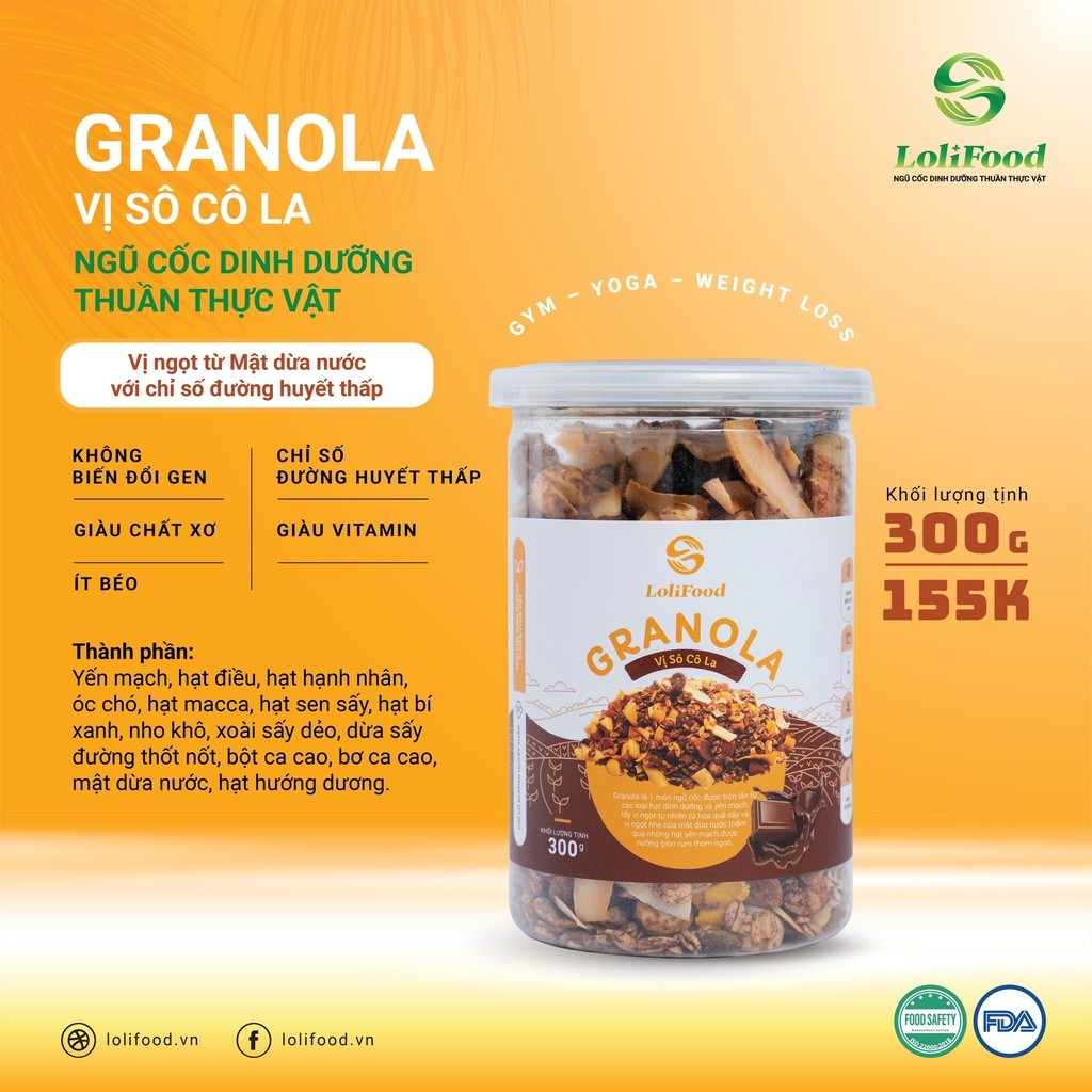 Granola Ăn Kiêng hạt granola Giảm cân Lolifood Nhiều Hạt Vị Socola 300g Mật Dừa Nước Dịu Ngọt Thơm Ngon