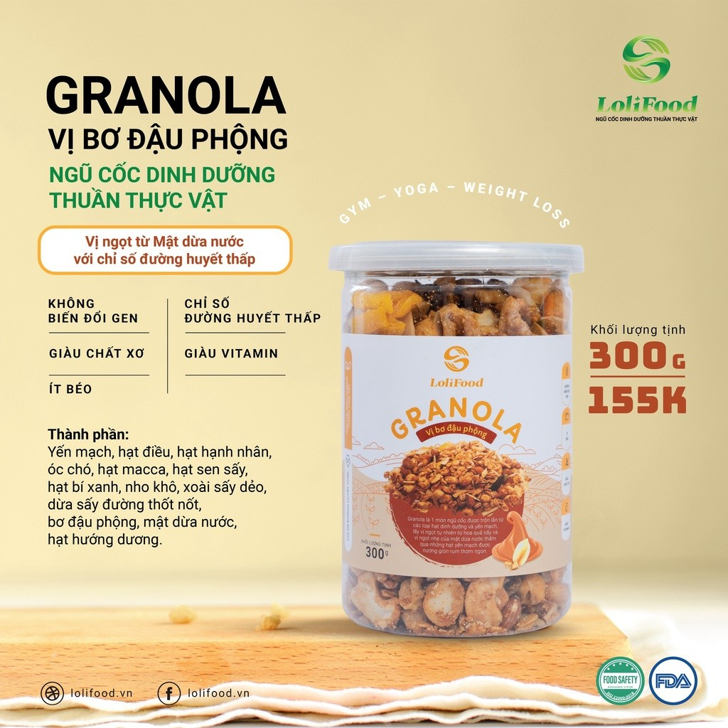 Granola Giảm Cân Granola Ăn Kiêng Lolifood 300g Nhiều Hạt Vị Bơ Đậu Phộng Bổ Sung Mật Dừa Nước Ăn Vặt Healthy